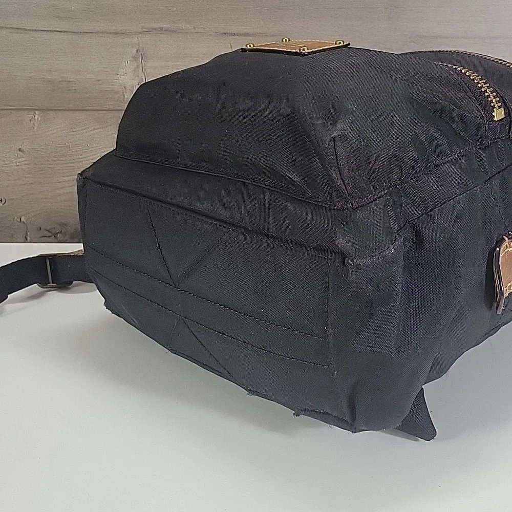 Frye Nylon Black and Brown Leather Trim Backpack with Gold Accents